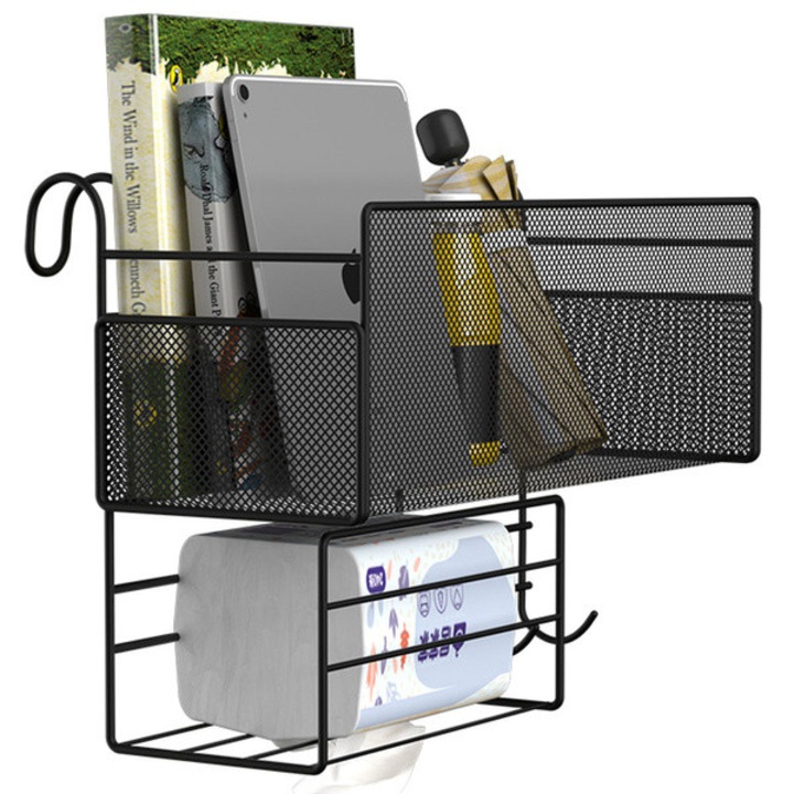 Organizator bucatarie suspendat, raft depozitare, 3 carlige, montare suspendata, Metal, Negru/Alb