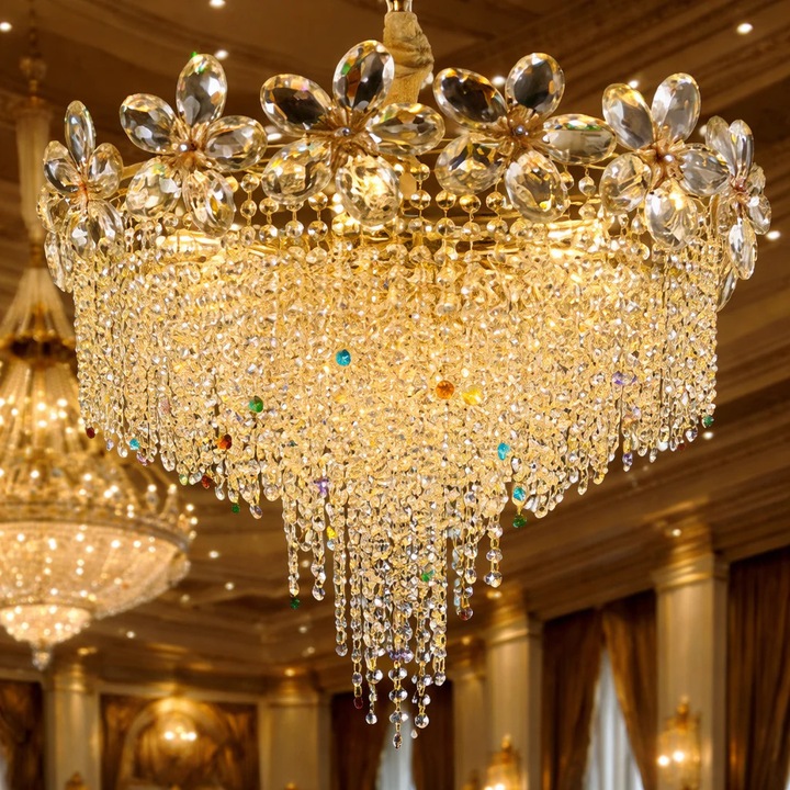 Candelabru Cristal 5*E27, Diametru 40, Inaltime Reglabila, Auriu