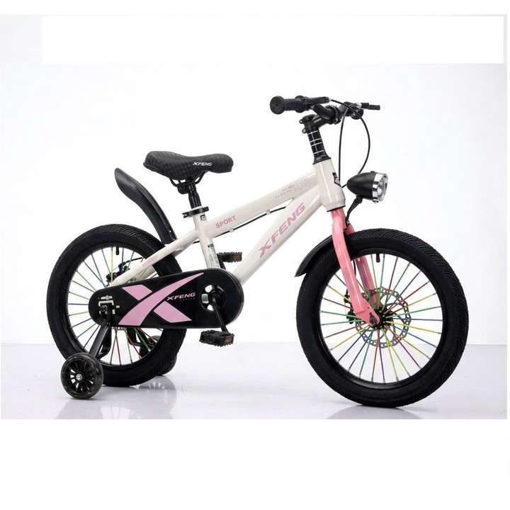 Bicicletă Sport pentru Copii de 12" Roz și Alb – Cu Frână pe Disc, cu Roți Ajutătoare