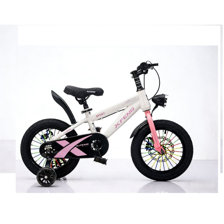 Bicicletă pentru copii Sport 14" roz alb – cu frână pe disc, cu roți ajutătoare