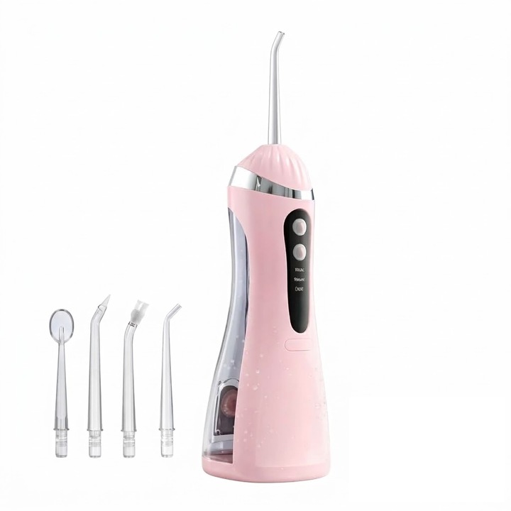 NEXTLY szájzuhany, 4 tisztítófej, 3 üzemmód - soft/normál/pulzáló, Vízálló IPX7, USB-C töltés, 200ml, 28.5x8cm, rózsaszín