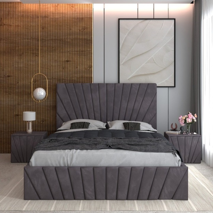 Pat Tapitat Toma GRI + Saltea Lux Ortopedica + Noptiere Tapitate - 140X200