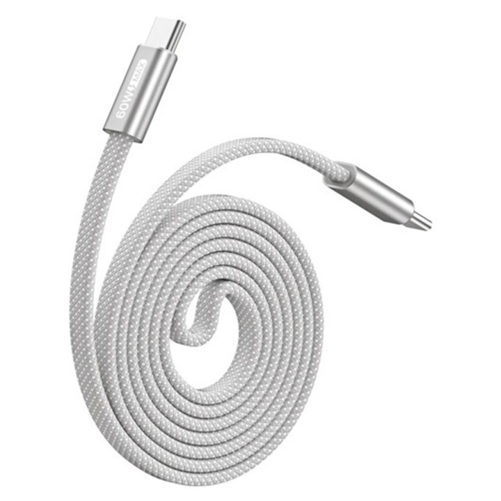 Dux ducis auto adatkábel, type-c - type-c, 60w, pd gyorstöltő 3.0, mágneses, lapos kábel, cipőfűző, 100cm, világosszürke