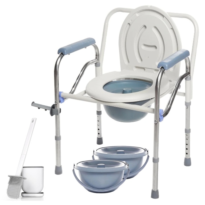 WC de camera pliabil, GABOS™, 2 vase de colectare incluse, suport hartie igienica, sarcina 100 kg, toaleta mobila cu inaltime reglabila 63-76 cm, perie silicon WC, toaleta de camera pentru persoane varstnice, femei insarcinate si persoane cu dizabilitati