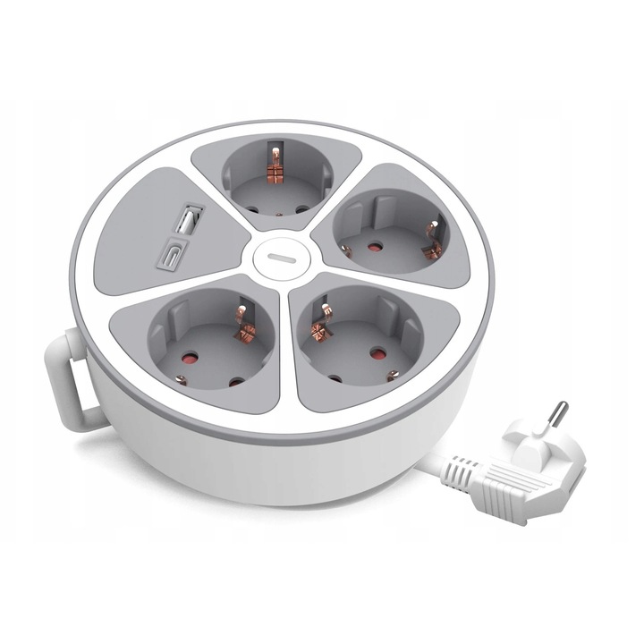 Разклонител с 4 гнезда, USB-A, USB-C, 2м, 16А, 230V, бяло-сив