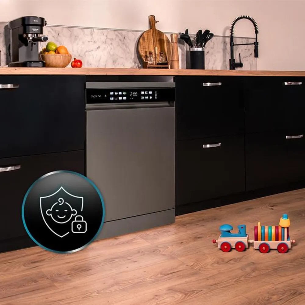 Masina de spalat vase Cecotec, Bolero Aguazero, latime 60 cm, 15 seturi de vase, 8 programe de spalare, tehnologie Dual Zone Wash, functie DRY +, functie Delay Start, program Machine Care, Child Lock, 3 niveluri ajustabile, tava pentru tacamuri, antracit