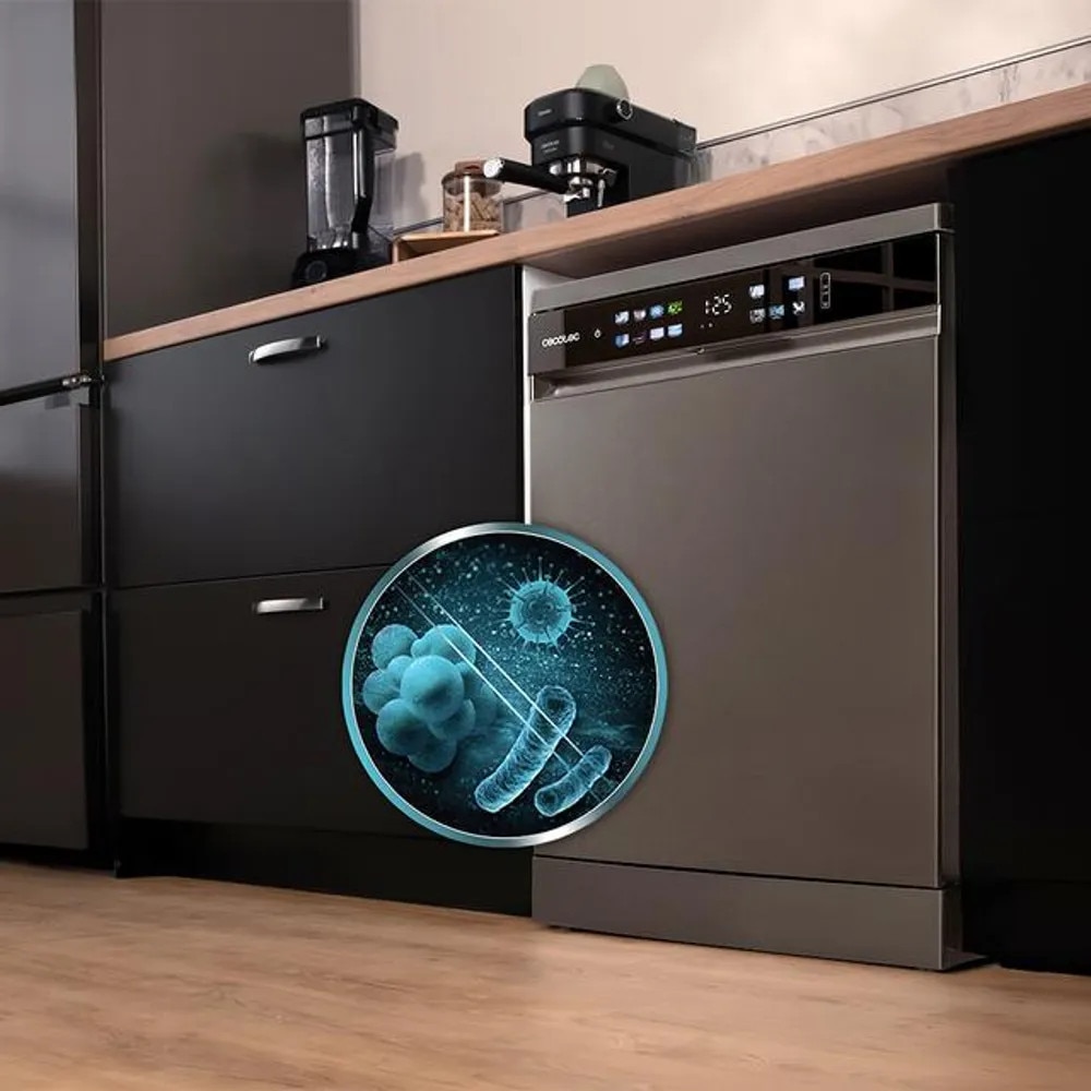 Masina de spalat vase Cecotec, Bolero Aguazero, latime 60 cm, 15 seturi de vase, 8 programe de spalare, tehnologie Dual Zone Wash, functie DRY +, functie Delay Start, program Machine Care, Child Lock, 3 niveluri ajustabile, tava pentru tacamuri, antracit