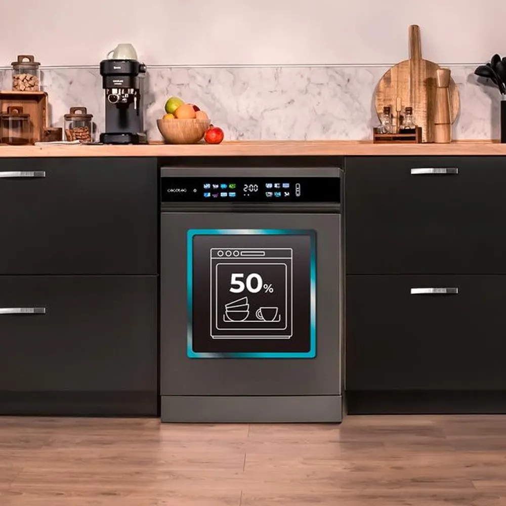 Masina de spalat vase Cecotec, Bolero Aguazero, latime 60 cm, 15 seturi de vase, 8 programe de spalare, tehnologie Dual Zone Wash, functie DRY +, functie Delay Start, program Machine Care, Child Lock, 3 niveluri ajustabile, tava pentru tacamuri, antracit