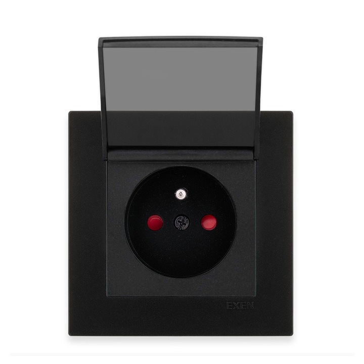 Priza electrica simpla cu STIFT, cu obturatoare pentru circuitele electrice, cu impamantare, negru, cu clapeta antifum + rama negru metalizat EXEN