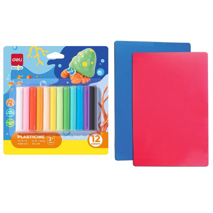 Set plastilina, 12 culori, 160g + planseta plastilina A4, Deli
