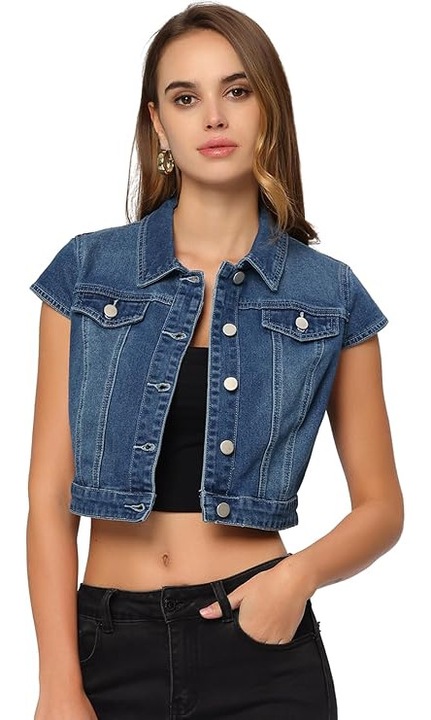 Jacheta Dama Scurta Denim, Regular Fit – Bumbac & Poliester, Material Moale si Elastic, Maneca Scurta, Inchidere cu Nasturi – Perfecta pentru Toamna/Iarna, Office, Casual, Party, Albastru Inchis, Marimea L