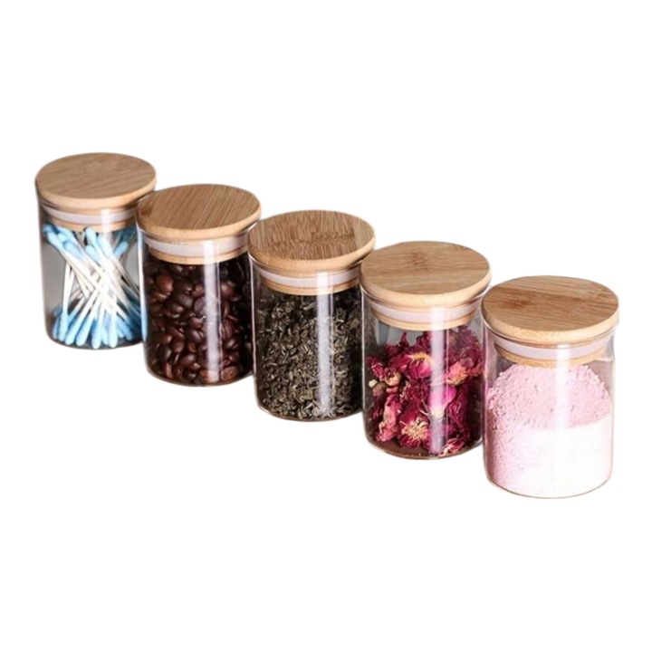 Set 4 borcane din sticla cu capac din bambus, pentru depozitare condimente si alimente, inaltime 8, 5 cm, diametru 6 cm
