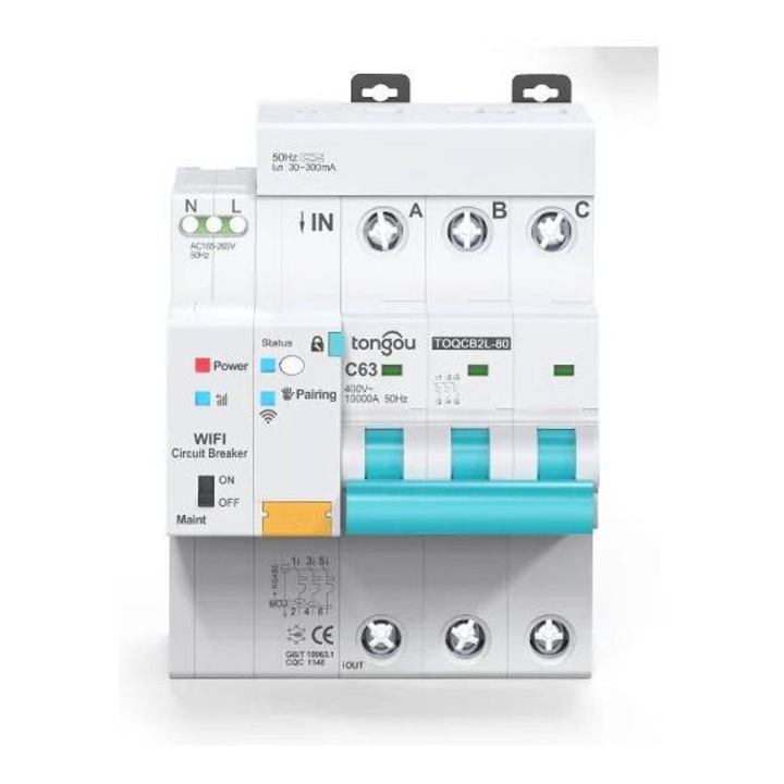 Disjunctor diferential RCBO 3P 1...63A 30...500mA cu power meter TOQCB2L Tongou