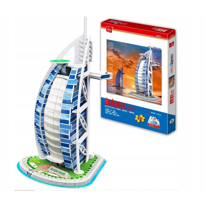 Puzzle 3D, fara marca, Burj Al Arab, 31 cm, 25 piese, asamblare usoara fara lipici, dezvolta abilitatile manuale si creativitatea, decor impresionant, pentru copii si adulti, nou, CE, pentru baieti si fete, material: altele, inaltime dupa asamblare ~31