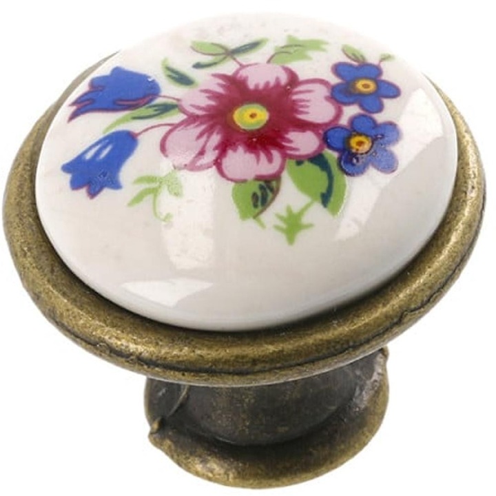 Set 3 x Buton Ceramica Model J4, Finisaj Antic Auriu/Floare Rosie