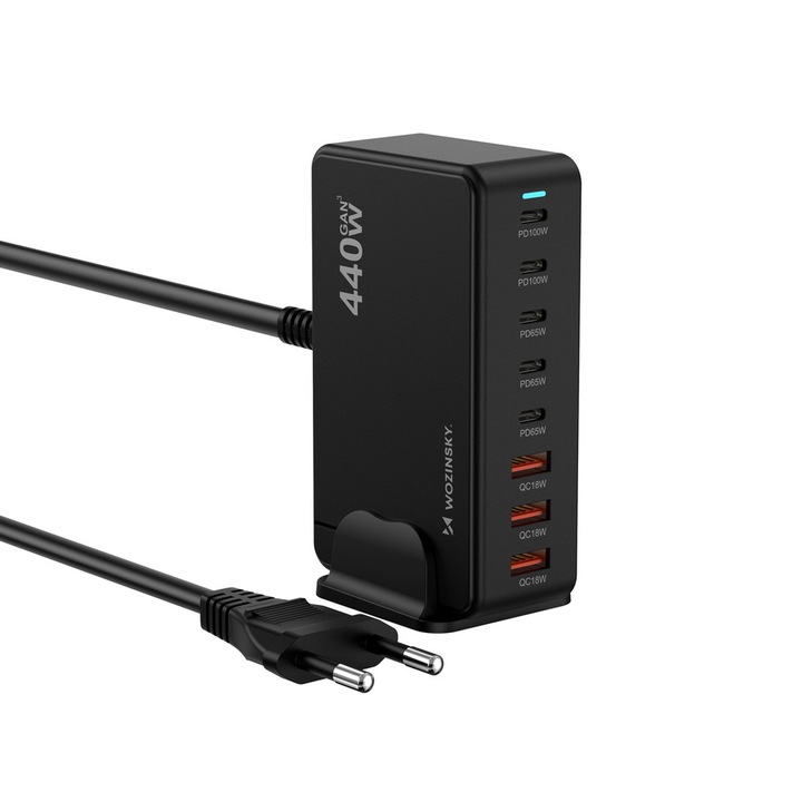 Wozinsky WSL-440 6 az 1-ben töltőállomás, PD 340W, 1x USB-A, 5x USB-C, Fekete