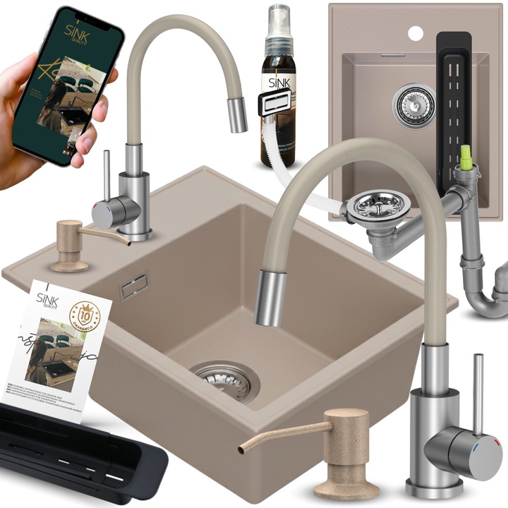 Chiuvetă granit, Sink Quality, VELTO, set 13 in 1, bej, 50cm