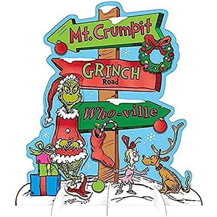 Set decoratiuni Grinch pentru masa si ferestre, 9 coli autocolante PVC reutilizabile, semne directionale, 30x20 cm, model colorat, diferite personaje
