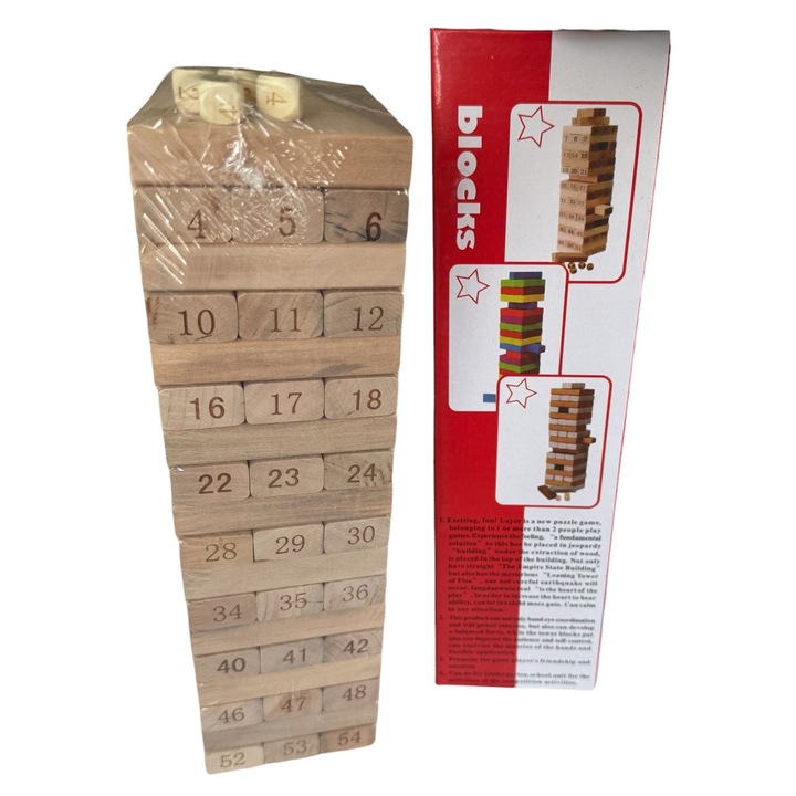 Interaktív fa toronyjáték, 54 számozott darab, 28,5x8x8cm, 3 éves kortól