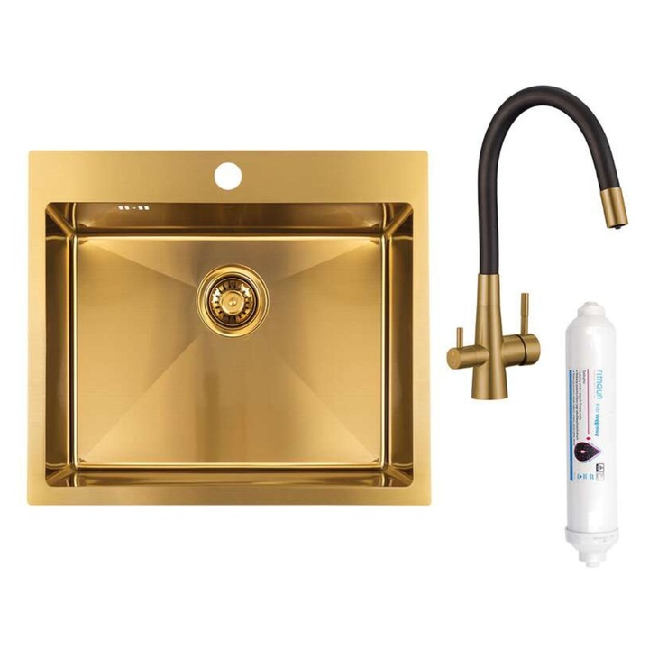 Chiuveta bucatarie, Laveo, Malawi, 1 compartiment, aurie, 500x580mm, cu baterie Riveco si sifon, set complet