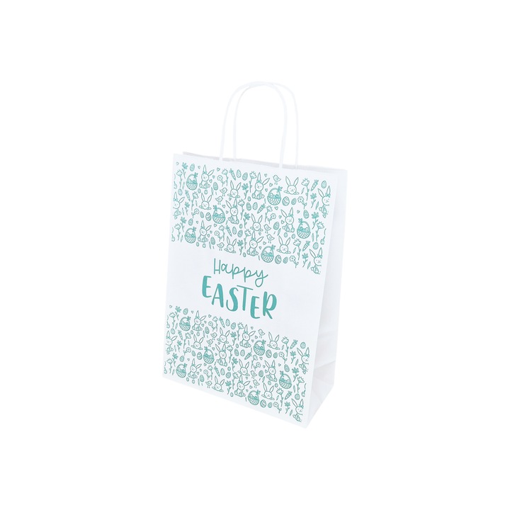Set 10 bucati Punga Hartie Kraft cu Model Paste Turquoise Spring Field cu Text, 22 x 31(H) x 10cm