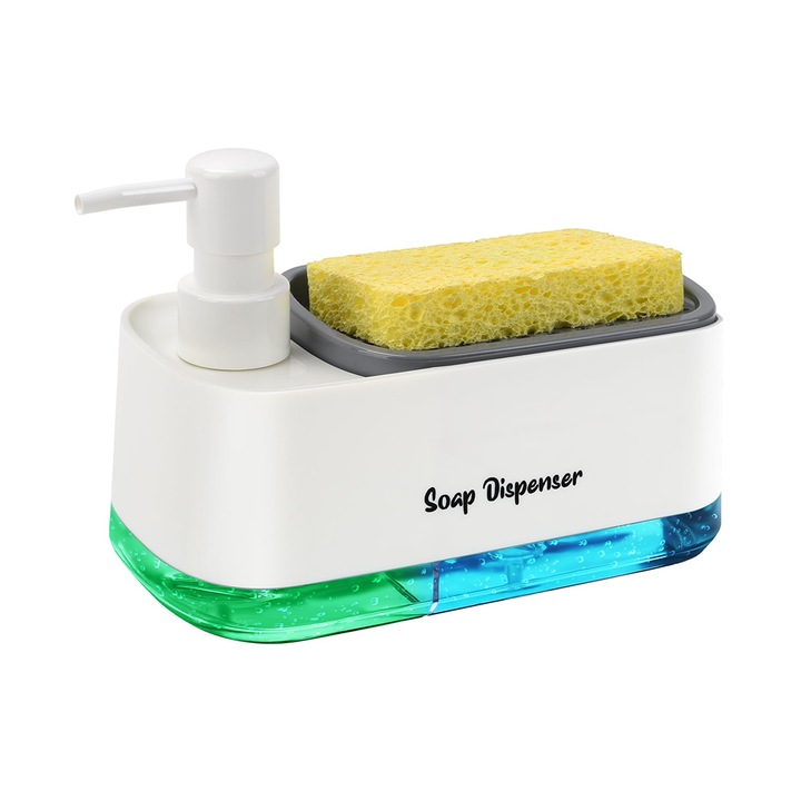 Dispenser sapun lichid, detergent vase si suport burete NEXTLY, 2 dozatoare, burete inclus, 19x10.5x14.5cm, alb