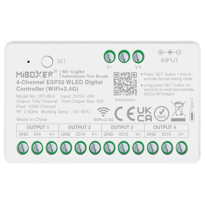 Контролер LED SPI с 4 канала, Miboxer, SPI-WL4, WiFi + 2.4GHz, 1024 пиксела/канал
