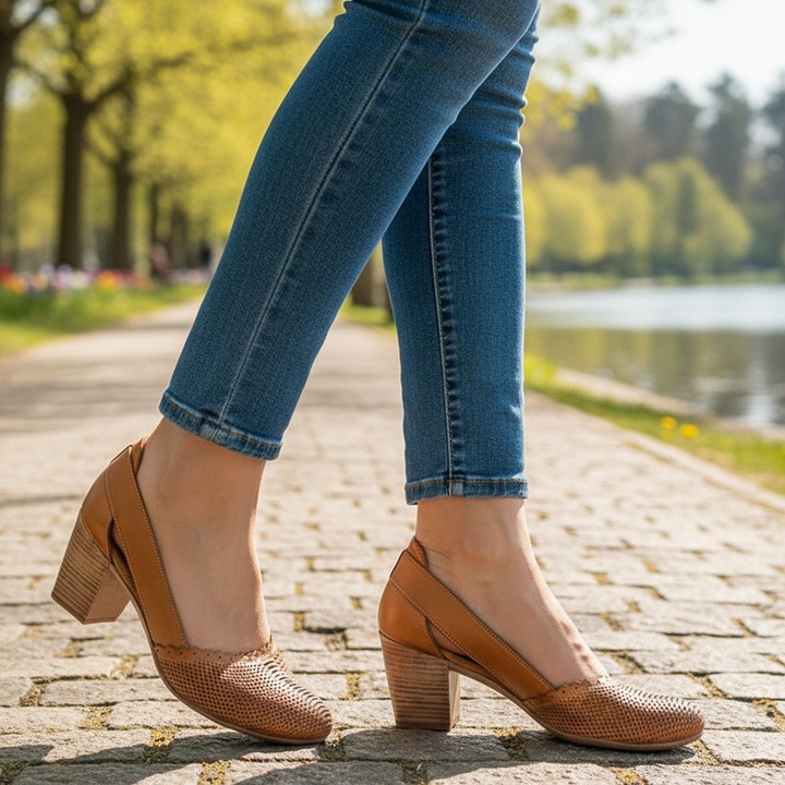 Perforált természetes bőrből készült, ortopéd talpú női cipő, Barna