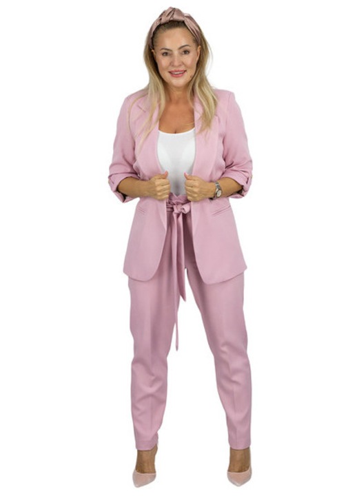 Compleu dama PLUS SIZE roz pal, sacou lung cu maneci pantaloni cu, Roz