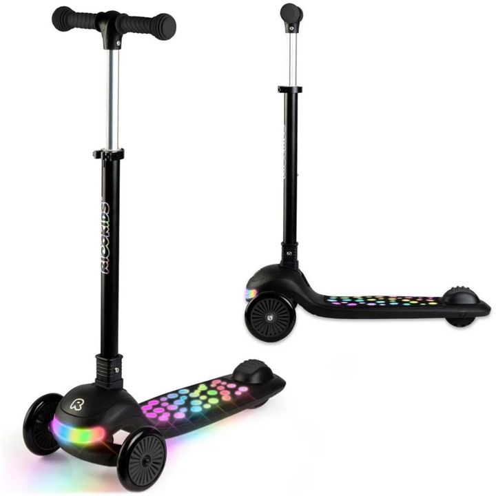 Trotineta de echilibru cu trei roti, ghidon din metal, platforma iluminata cu LED-uri, inaltimea ghidonului este reglabila, 79-94 cm, usor de pliat, frana de picior, neagra