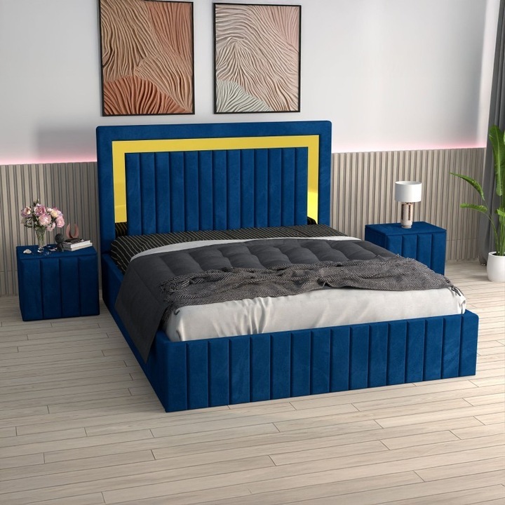 Pat Tapitat Ianis ALBASTRU AmzMob + Saltea Lux Ortopedica + Noptiere Tapitate - 180X200