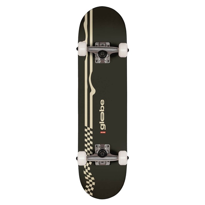 Skateboard GLOBE Racer Mini 7.0", negru/off-white, construcție din arțar, griptape negru