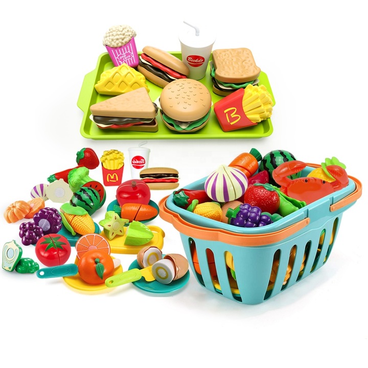 Set Cos cu Legume si Fructe Copii KidProtect® Goodies Bascket, Legume si Fructe Care se Desfac, 37 Accesorii, BPA Free, Simulare Picnic si Gatit
