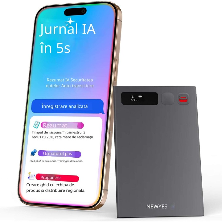 Reportofon Digital Inteligent NEWYES Ailog 64GB, Transcriere Automata AI, Rezumate si Mind Map, Bluetooth, Autonomie 35h, Inregistrare 2000h