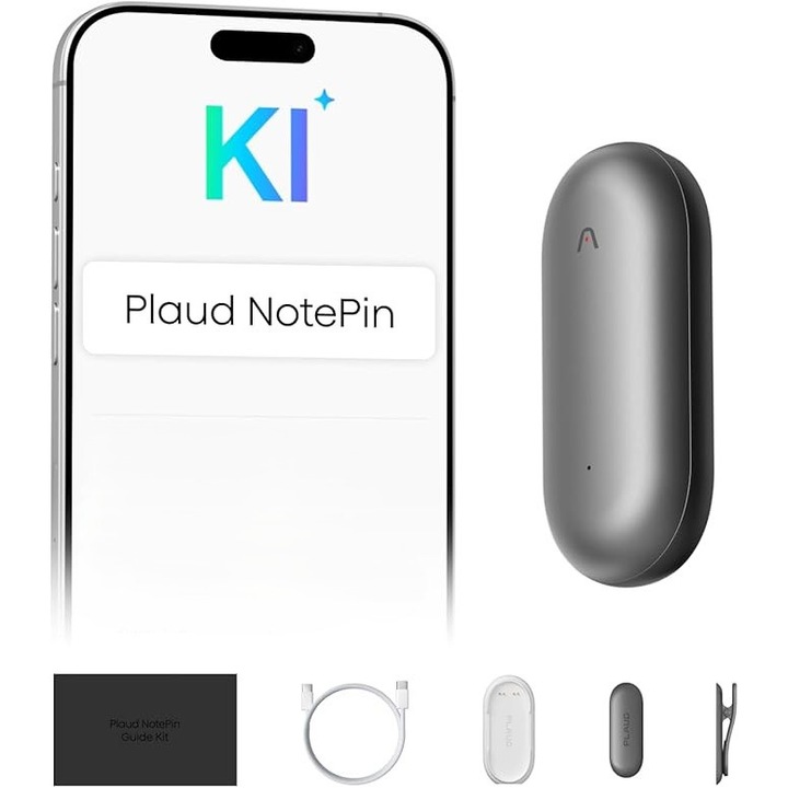 Plaud NotePin – Recorder Vocal AI, 64GB, Transcriere si Rezumat AI in 112 Limbi, Control Aplicatie, Noise Cancellation, Portabil pentru Lectii si Intalniri, Cosmic Grey