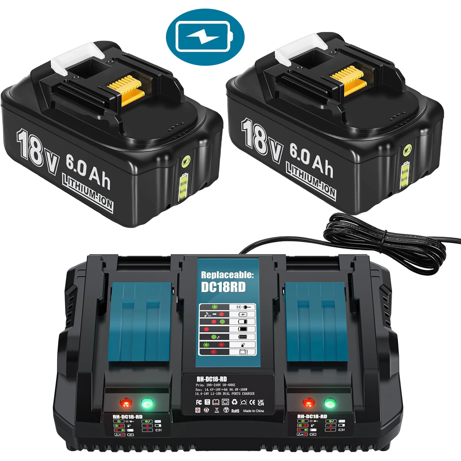 Set 2 acumulatori reincarcabili Gisam, 4.0AH/6.0AH, 18V, 2x988VF