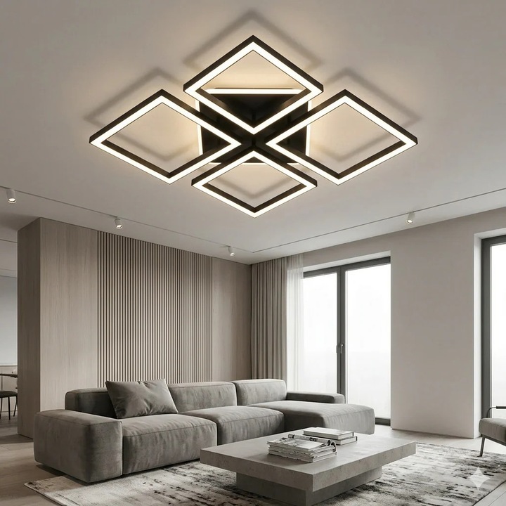 LED люстра RFAN, модел FX60455/4+1, с дистанционно управление, 3 вида светлина, регулируема интензивност, 91W, черен