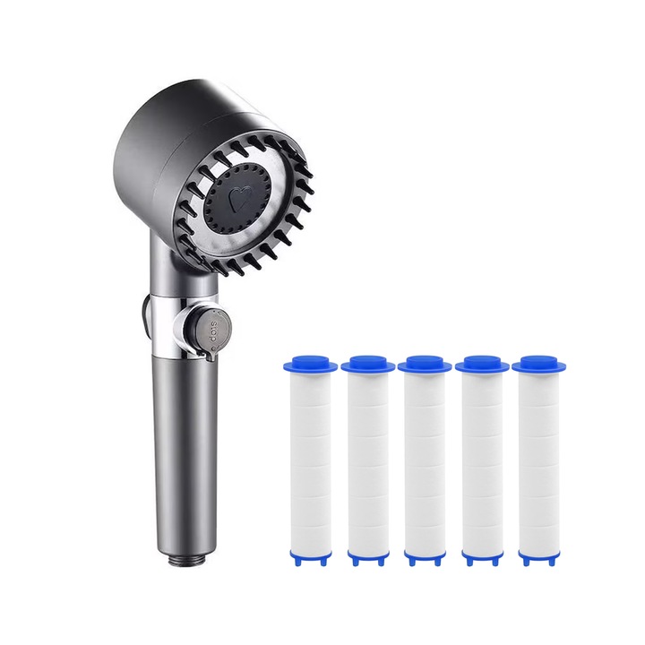 Set para de dus cu 5 filtre NEXTLY, 3 functii, buton pentru oprire/pornire jet, presiune reglabila, economisire a apei, peri din silicon pentru masaj, gri