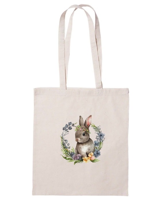 Sacosa bumbac cu print iepuras si coronita flori