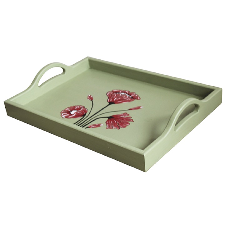 Tava din lemn pictată manual cu maci, verde, 25x35cm