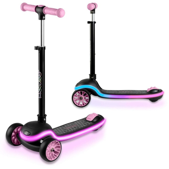 Trotineta de echilibru cu trei roti, ghidon din metal, platforma iluminata cu LED-uri, cu 20 de moduri, inaltimea ghidonului este reglabila, 65–81 cm, usor de pliat, frana de picior, neagra si roz deschis