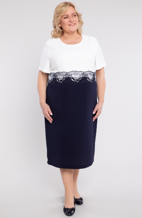 Елегантен костюм MDR24 тъмносин с рози, сако с 3/4 ръкави, рокля с кръгло деколте, размер 46 EU