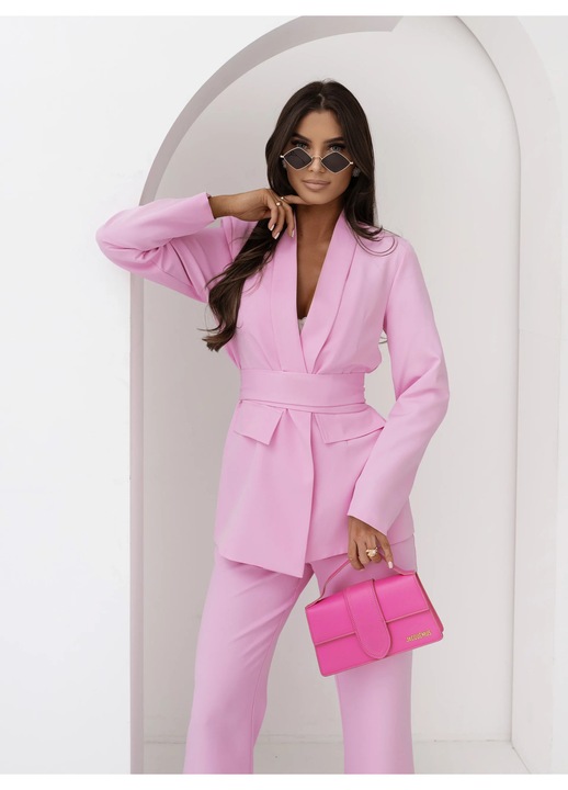 Compleu elegant roz format din sacou cu cordon si pantaloni evazati, Roz