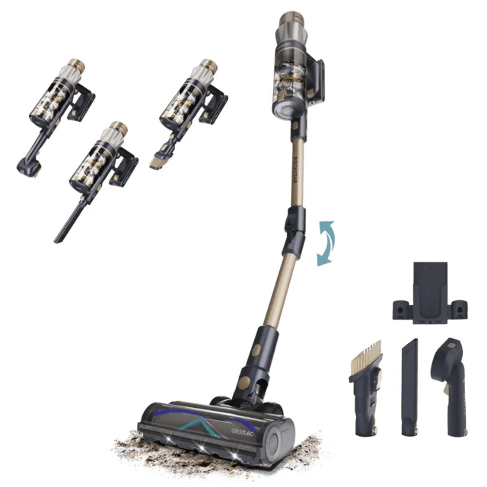 Aspirator vertical fara fir 2in1 Cecotec, Conga Rockstar, 0.5 litri, aspirator vertical/de mana, sistem Parallel MultiCyclonic, mod ECO/Medium/Turbo, filtru HEPA/aer/praf, perie Pet Style/Tub flexibil/Perie mixta XL Hair Out, modern, bleumarin/auriu