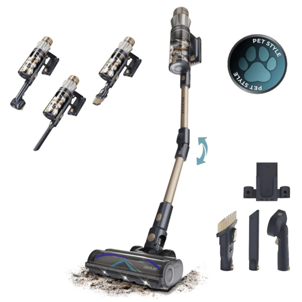 Aspirator vertical fara fir 2in1 Cecotec, Conga Rockstar, 0.5 litri, aspirator vertical/de mana, sistem Parallel MultiCyclonic, mod ECO/Medium/Turbo, filtru HEPA/aer/praf, perie Pet Style/Tub flexibil/Perie mixta XL Hair Out, modern, bleumarin/auriu