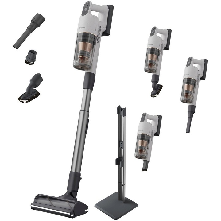 Electrolux 900 Series EP91UB21SW álló porszívó, Max. 90 perc üzemidő, 4.4 Ah akkumulátor, BLDC motor, Multiciklonális szűrőtechnológia, Töltő- és tárolóállvány, AllFloor Power kefe motorral és 360 LED fénnyel, Fehér