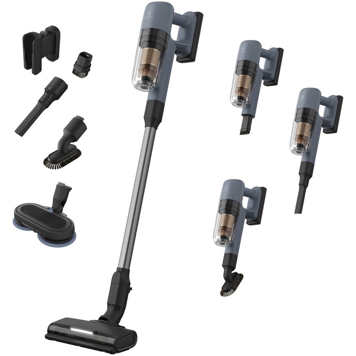 Aspirator vertical Electrolux Seria 700 EP72H21WET, autonomie max 50 min, motor BLDC, tehnologie filtrare multi-ciclonica, perie multi-suprafete PowerPro cu lumina LED, perie PowerPro Mop+ cu lumina LED, Albastru denim