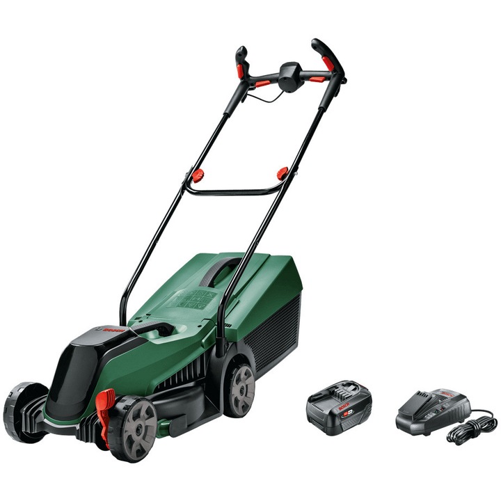 Masina de tuns gazon/iarba pe acumulator Bosch CityMower 18V-32-300, 18 V 5.0 Ah, 32 cm latime taiere, inaltime taiere 30-60 mm, 3 trepte de taiere, sac colector 31 L, motor brushless, include: acumulator 18V 5.0 Ah + incarcator