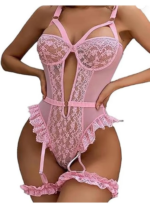 Body sexy din dantelă, SHEKINI, set cu portjartier și chilot asortat, roz, 2XL