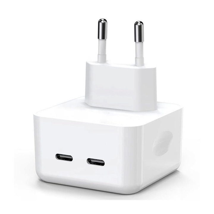 Încărcător rețea cu 2 mufe Type C, 35W, alb, design compact